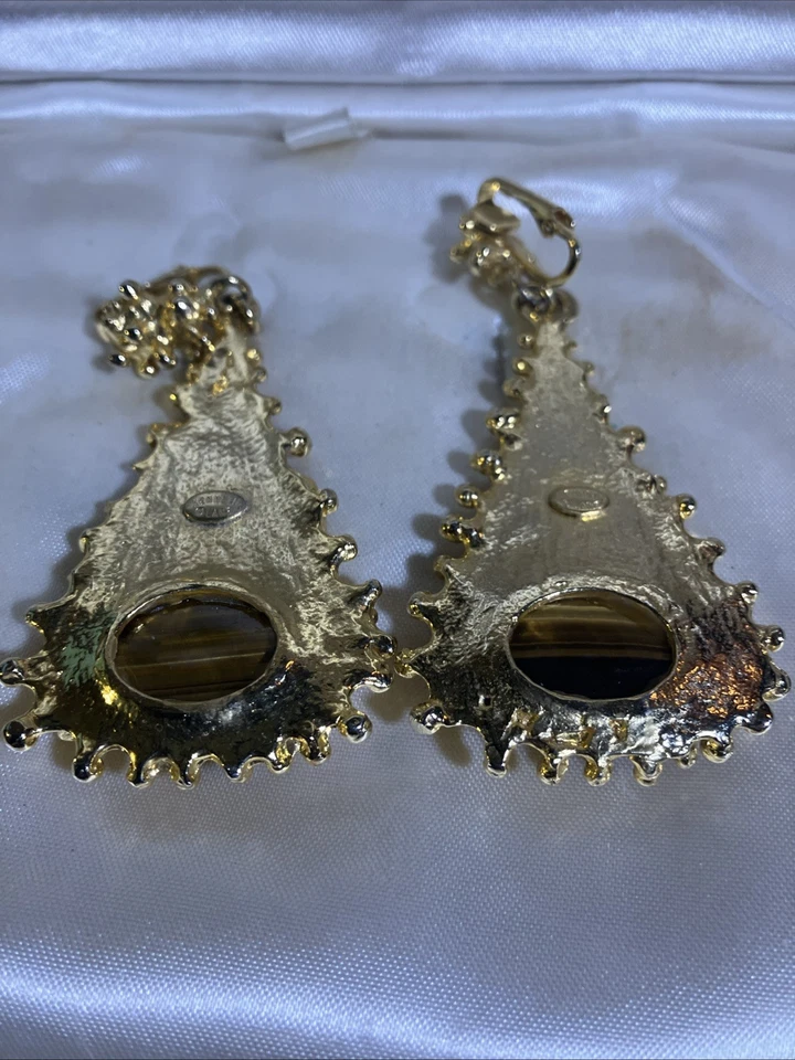 "Pendientes ojo de tigre chapados en oro 22kt KENNETH JAY LANE KJL de colección años 80 3""" Foto 3 de 3