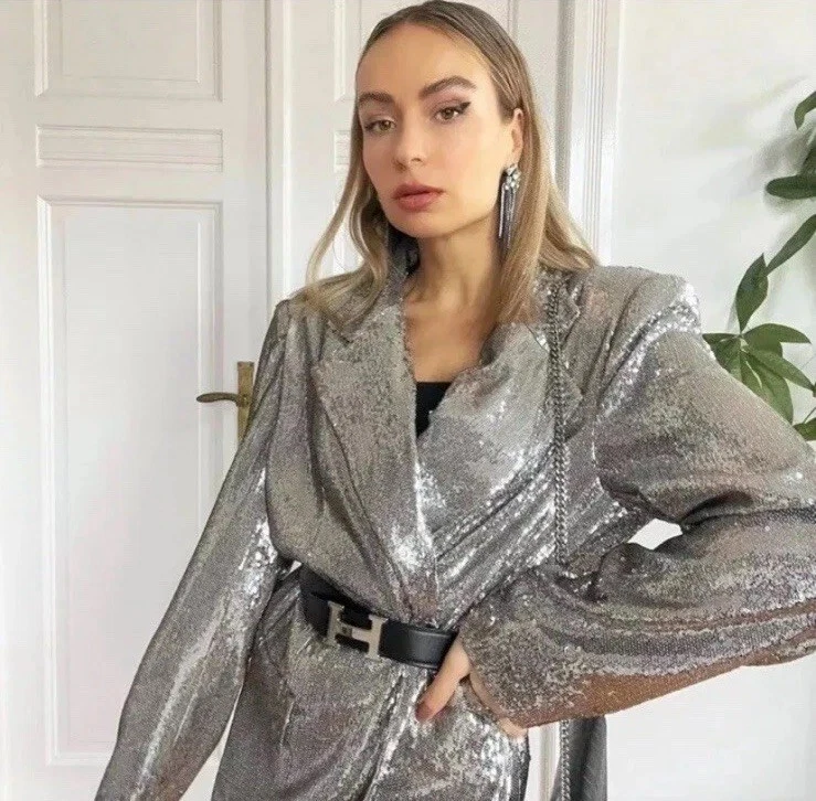 ZARA SILVER SEQUINNED SHOULDER PADS BLAZER JACKET SIZE S Ref 0021/102 - Image 4 of 4