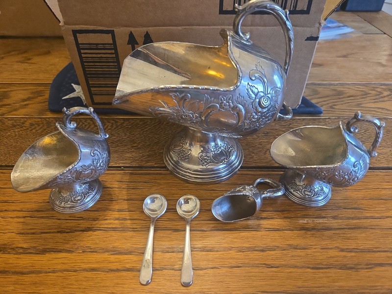 Raimond Silver Plated Sugar Scuttle Set Of 6 Creamer, Spoons, Scoop Vintage
