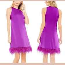 NWT IEENA Mac Duggal [ 2 ] 55805 Feathered Hem High Neck Trapeze Dress #U1531
