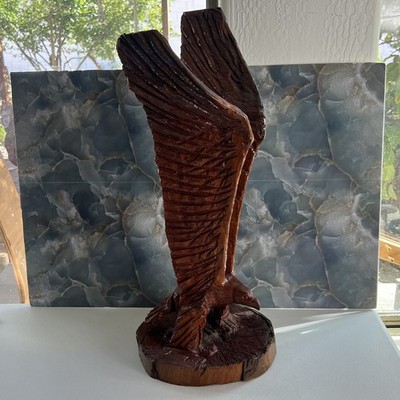 Rustic Chainsaw Carved Wooden Eagle Sculpture With Base Spread Wings 24'' Tall