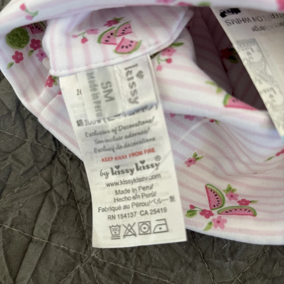 Sombrero pequeño Kissy Kissy nuevo con etiquetas Pima algodón sandía rayas ganchillo borde 0-3 3-6 meses Foto 4 de 4