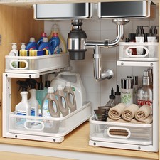 2 Pack Under Sink 2-Tier Pull Out Cabinet Organizer, Height Adjustable, White
