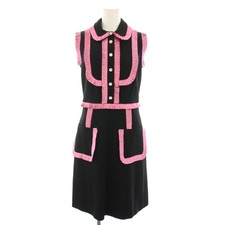Gucci Pleated Trim Sleeveless Dress Knee Length S Black Metallic Pink