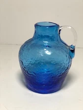 Vtg Blue Mini Art Glass Blown Glass Pitcher Jug Vase Clear Glass Applied Handle