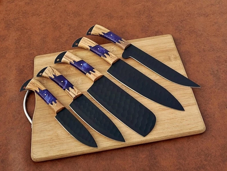 CUSTOM HANDMADE 5PCS STAINLESS STEEL KITCHEN CHEF KNIFE SET WITH ROLL BAG