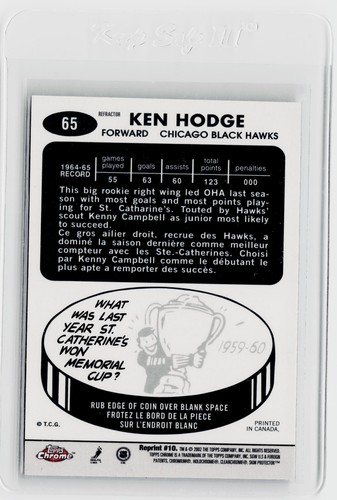 2001-02 TOPPS CHROME REPRINT REFRACTOR #10 - KEN HODGE - Picture 2 of 2