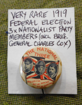 #D412. RARE  1919 FEDERAL NATIONALIST ELECTION  TIN BADGE - COX, DUNCAN, GARLING
