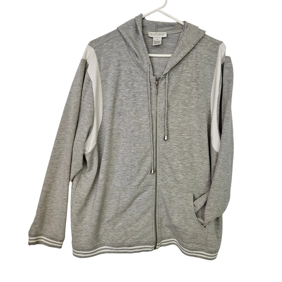 Sport Savvy 女式 1X 灰色双色弹力全拉链连帽上衣  — 第 3/4 张图片