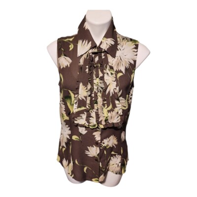 LINDA ALLARD ELLEN TRACY Brown Floral Sheer Silk Tie Sleeveless Blouse Size 10