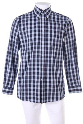 Peter Hahn checked button-down collar shirt 38 navy blue yellow