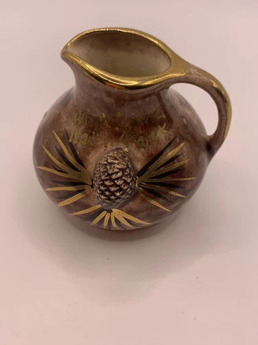 Vintage Mid Century Caty Crafts Ceramic Mini Pitcher Pinecone Gold Custer SD 2”