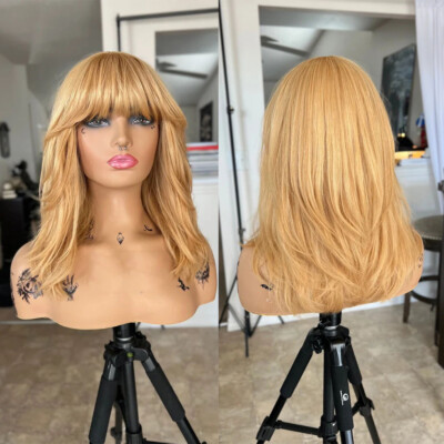 Blonde Cut Human Hair Wig With Bangs Wig for Fashion Women 14'' 180% Density