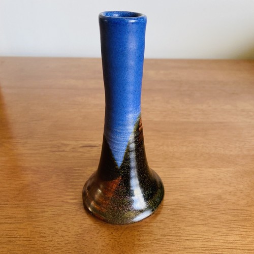 Studio Pottery Bud Vase 14.5cms Artist Signed Blue Brown - Picture 10 of 10