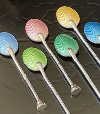 Set 6 English Sterling Silver Pastel Enamel Guilloche Demitasse Spoon 3.2 c1923