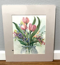 BARBARA SPARKMAN Original Watercolor Tulips Flowers Painting Signed Matted NEW