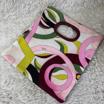 Emilio Pucci Clutch Bag Corduroy Leather Square Floral Print Logo Italy