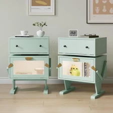 Nightstand with LED Light Strips Set of 2, Green End Table with 360° Rotating...