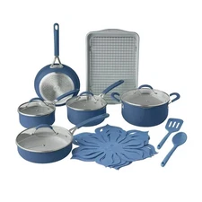 Pioneer Woman Cookware 17 pc Set Blue Sauce Pans Cooking Sheet Felt Dividers