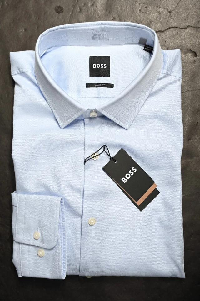HUGO BOSS Uomo Sharp Fit Solido Pastello Cotone Blu Camicia 43 17 34/35 - Immagine 2 di 4