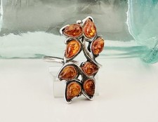 Vintage Sterling Silver 925 Amber Ring Flower Vine Modernist Style Baltic Long