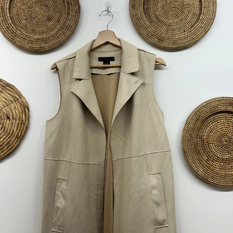 Chaleco largo Joan Vass beige neutro crema imitación gamuza frente abierto sin mangas mediano Foto 4 de 4