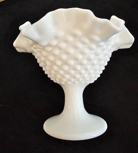 Vintage Fenton Milk Glass Hobnail Pedestal Compote Candy Dish w/Ruffled Edge