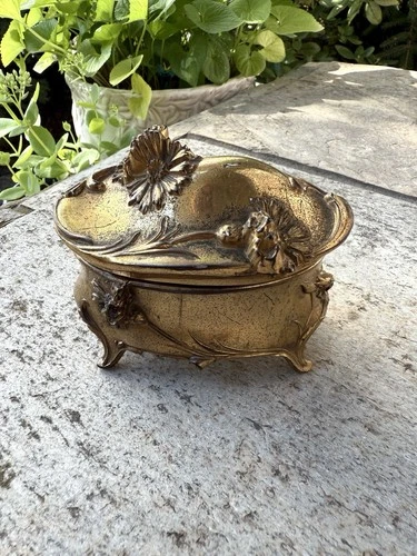 Antique Victorian Art Nouveau Gold Metal Jewelry Trinket Casket Box Floral