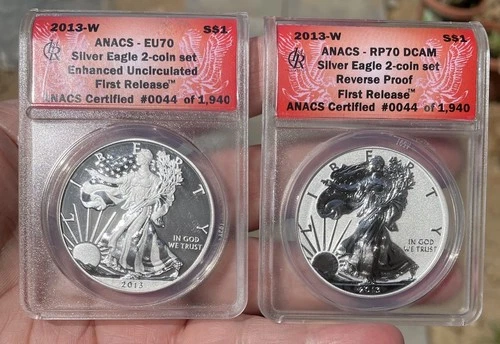 2013 W REVERSE PROOF SILVER EAGLE NGC PF70 & ENHANCED SP70 2 COIN WEST POINT SET