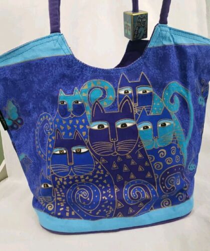 HTF Laurel Burch Cat Shoulder Bag Purse Shopping Tote Handbag Blue Purple *READ - Picture 9 of 20