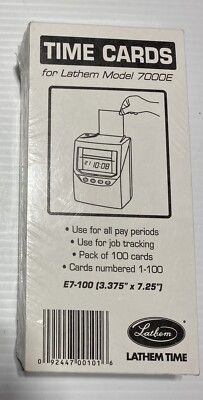 Lathem New Sealed Time Cards for Lathem Mod. 7000E Number 1-100 2 Sided 100 Pack