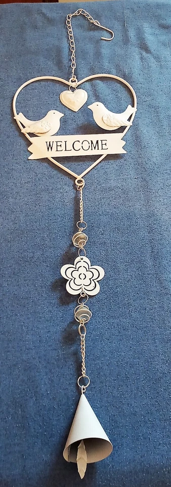* SUSPENSION METAL BLANC * WELCOME - COEUR - OISEAUX et CLOCHETTE - Photo 1/3