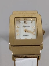 Gossip Pearlized Dial Gold Tone Rectangle Case Hinge White Enamel Inlay Watch