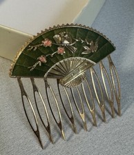 Vintage Hair Barrette Clip Decor Cloisonne Green Bird Flowers Floral Gold Tone