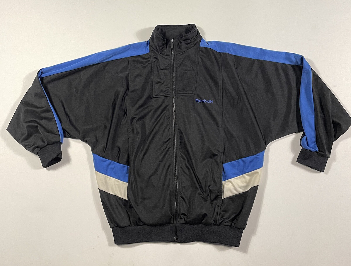 Mens XL Vintage Reebok Sport Track Jacket Black Blue Polyester