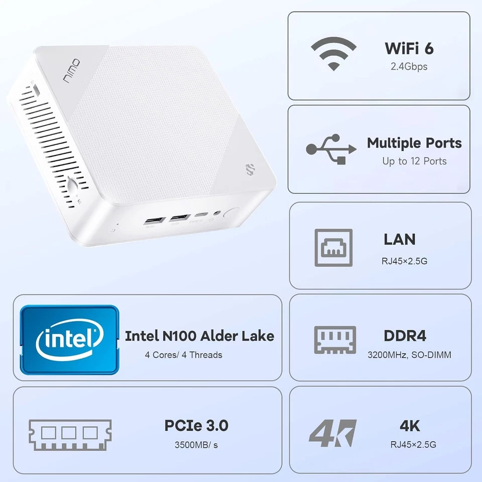 NIMO Mini-PC 16GB RAM 512GB M.2 SSD Intel 12th Gen N100 Desktop 4K HDMI USB3.2 - Image 4 of 4