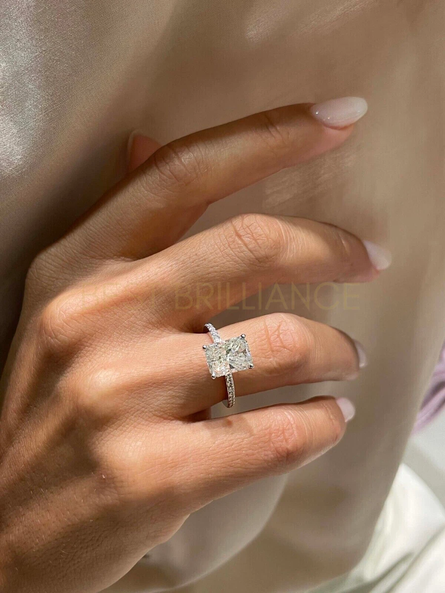 3.5 Ct Diamond Pave Engagement Ring 14K White Gold Radiant Cut Lab