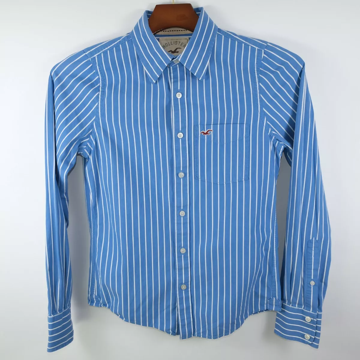 Hollister Mens Cotton Long Sleeve Button Up Blue White Striped