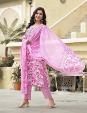 Women Pink Indian Embroidered Kurta Top And Trousers With Dupatta, Eid Wear