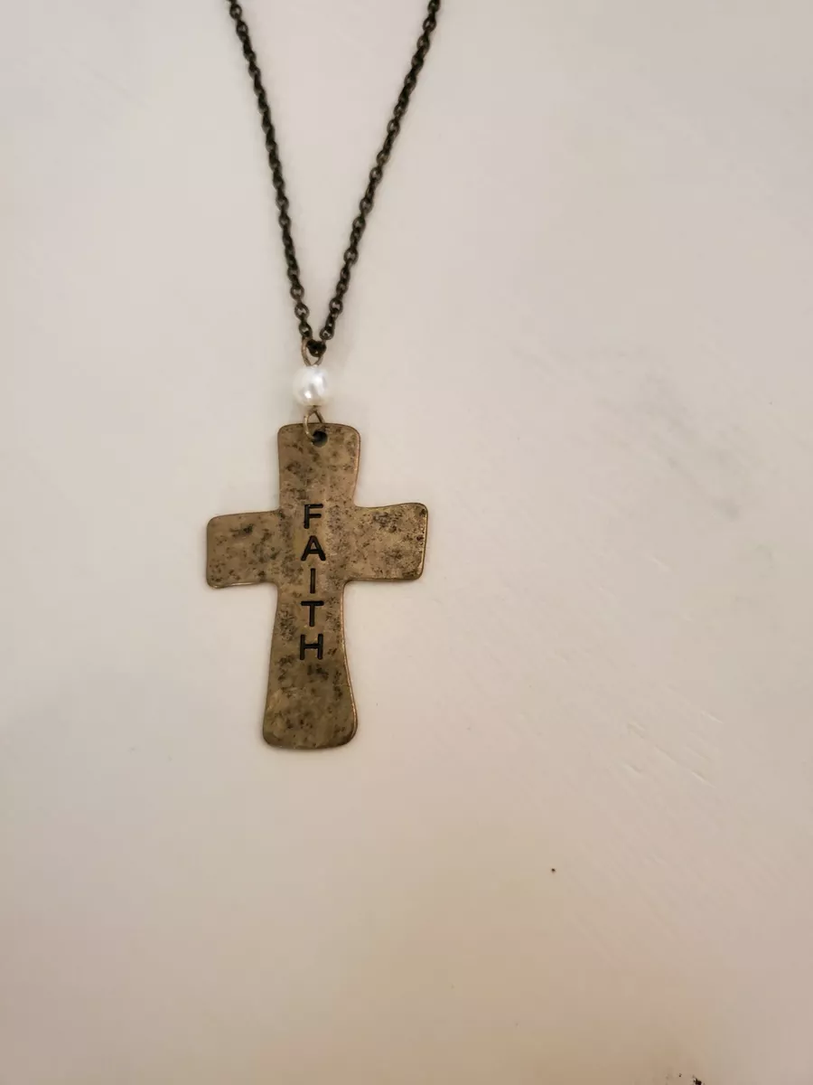 Rustic Cross Necklace with Faith Lettering Pearl Detail Boutique