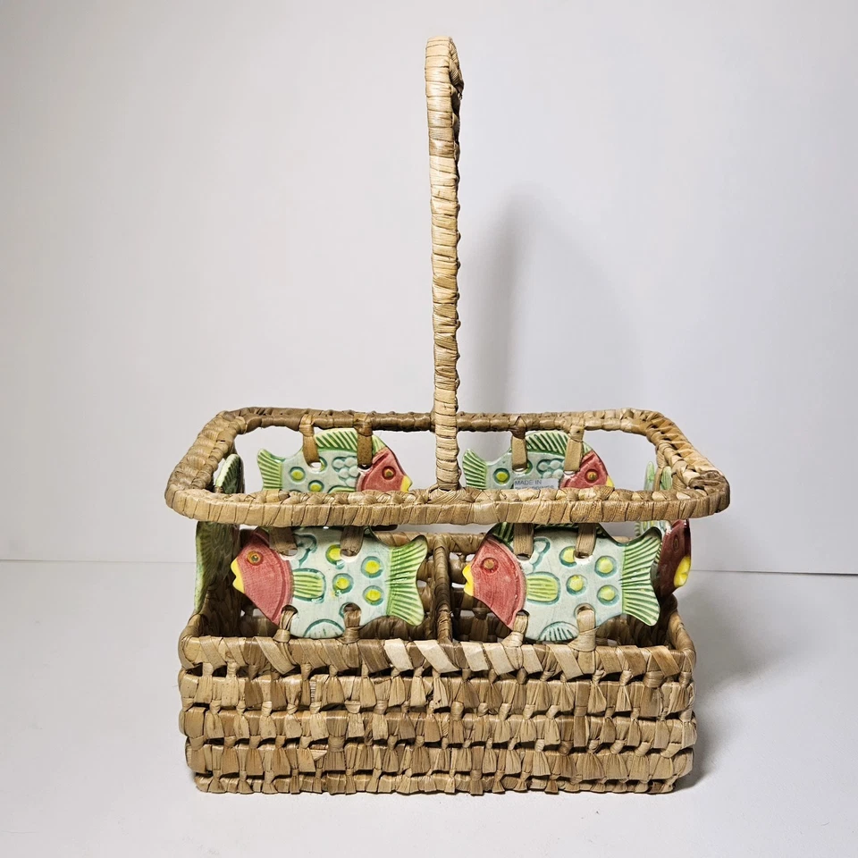 Handmade Divided Straw Basket Caddy Ceramic Fish Inlay Design Philippines - Image 2 of 4