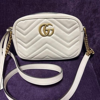 GUCCI GG Marmont White Leather Shoulder Bag Crossbody Chain Purse Matelasse