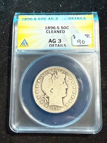 1896 S BARBER HEAD HALF DOLLAR ANACS AG 3 DETAILS CLEANED