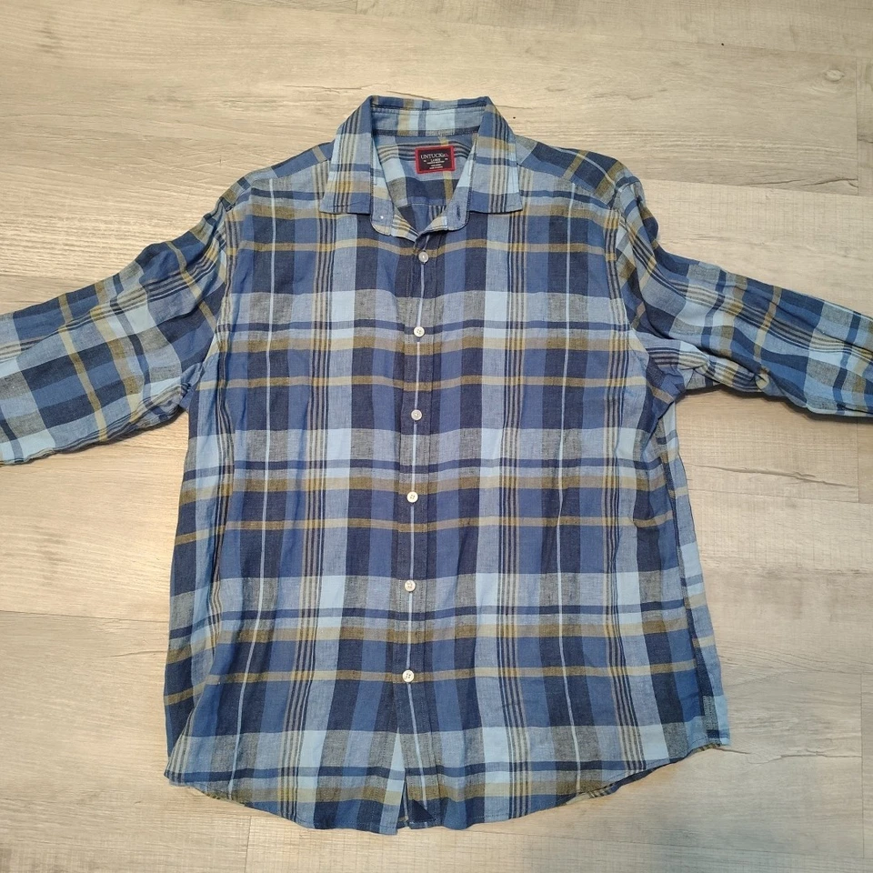 3 Untuckit Linen Shirts Button up Large Blue Plaid Long Sleeve Preppy Oxford - Image 2 of 4