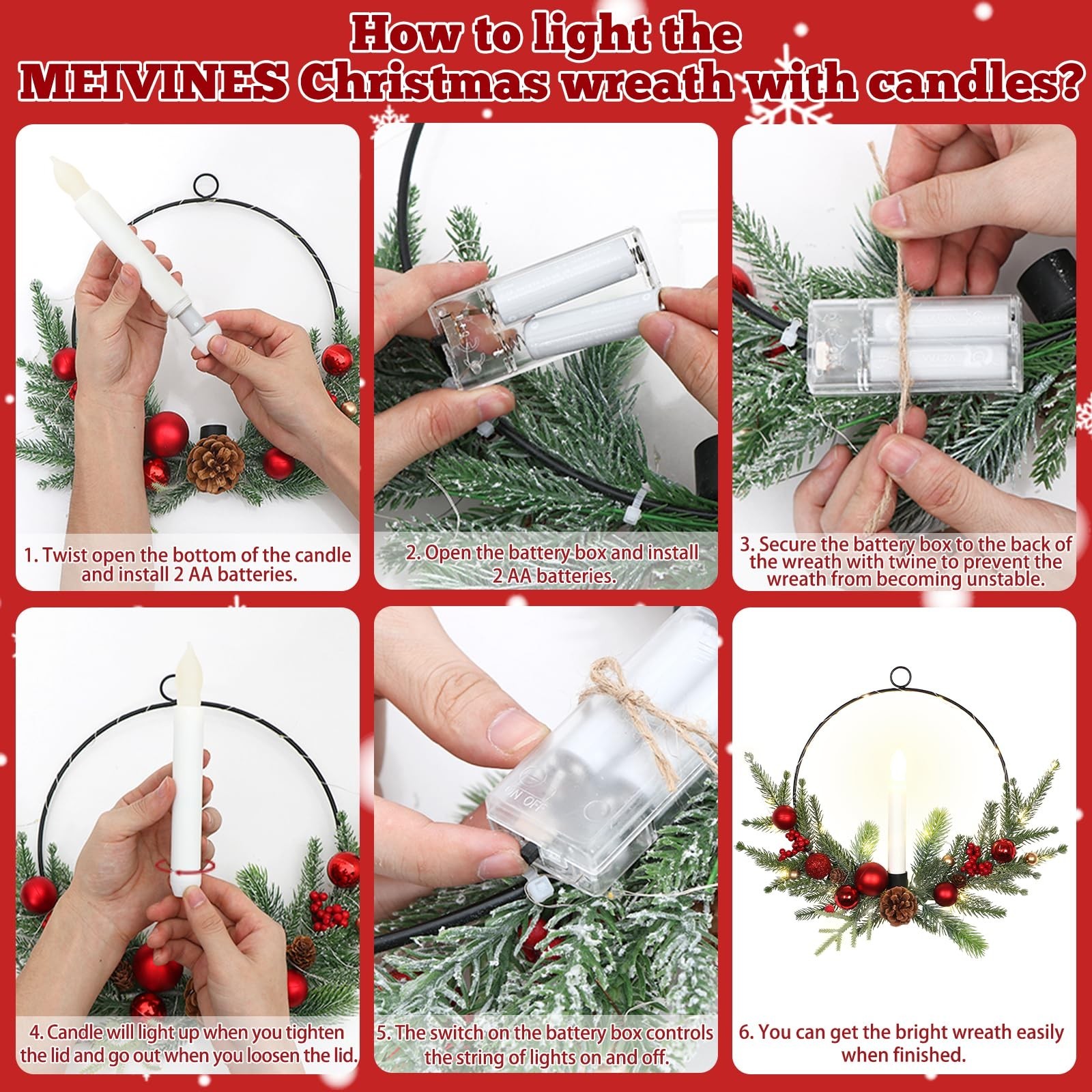 2Pack 16inch Christmas Wreath with Taper Candle Lights Christmas Wreath Outdo...