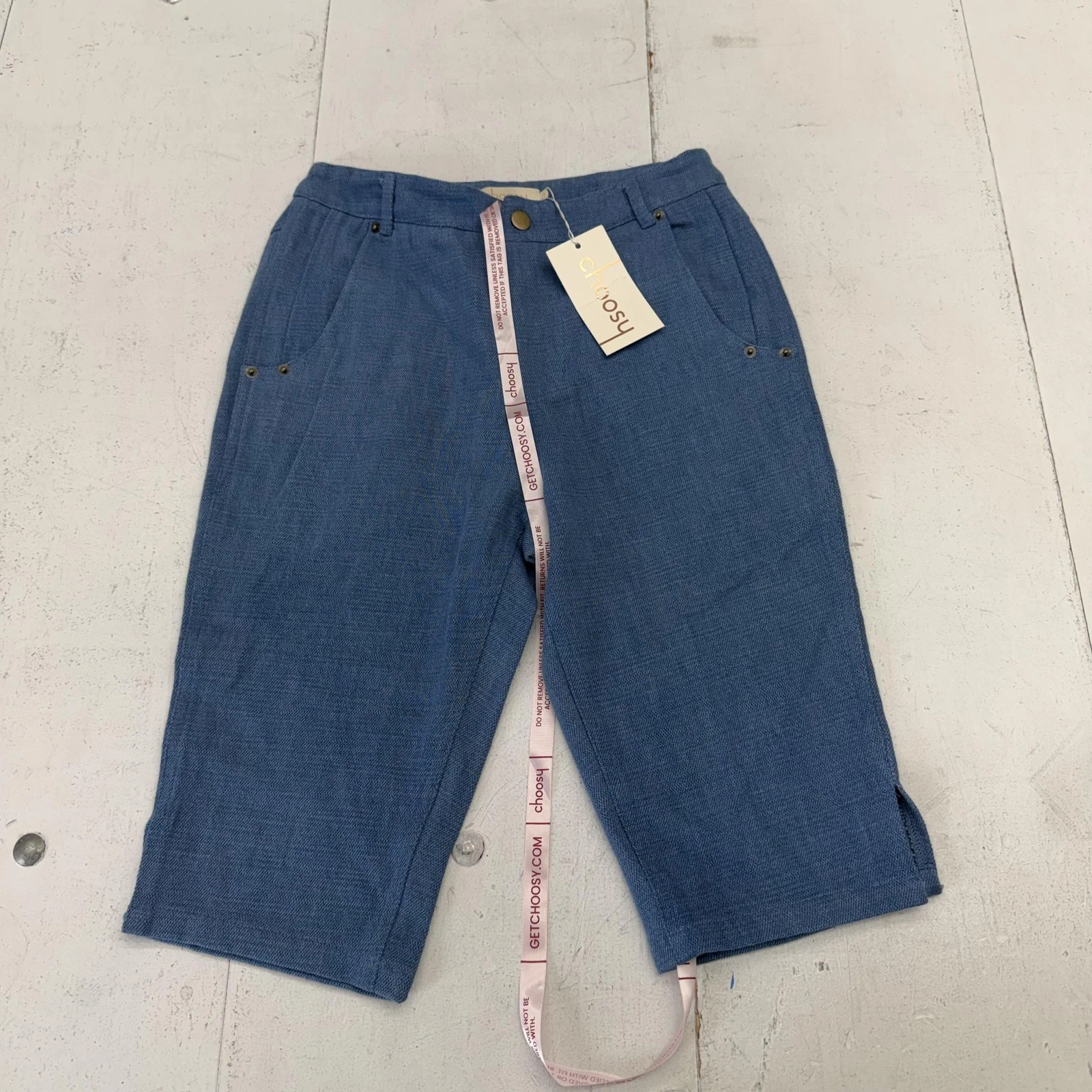Choosy Capri Pants Womens 0 Blue Denim Crop Pockets Button Casual Summer