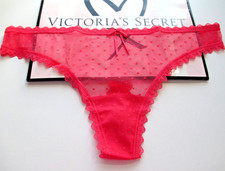 VICTORIA'S SECRET Bow Lace Mesh Dot Thong Panty VS Poppy Red S M L XL Sheer NWT