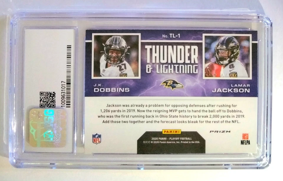 JK DOBBINS / LAMAR JACKSON 2020 Panini Playoff Thunder & Lightning #TL-1 * CSG 9 - Image 4 of 4