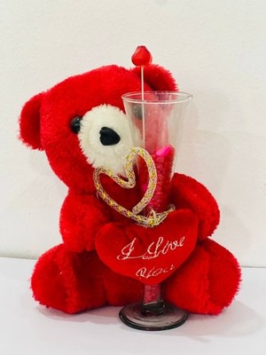 Romantic Red Teddy Bear Gift Set with Decorative Colored Stones Cup &  I Love Yo
