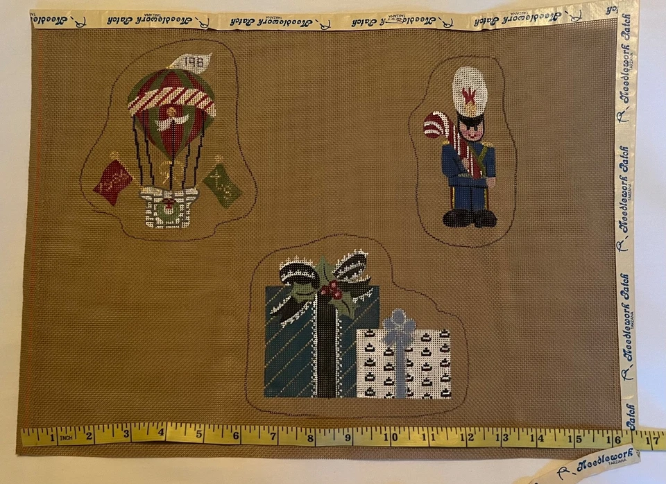 Trio of Christmas ornaments Hand Painted on brown Needlepoint canvas VTG - Image 3 of 4